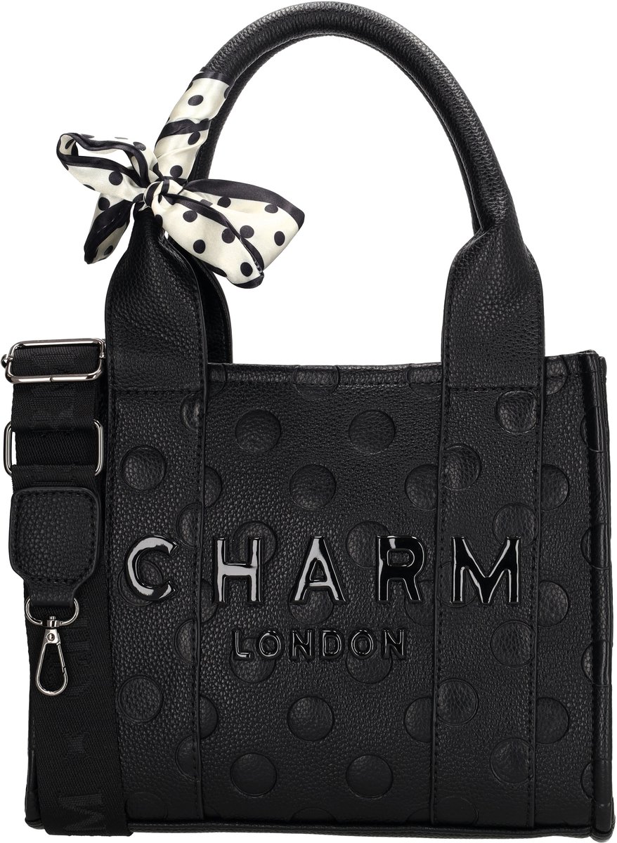 Charm London Bond Avenue Handtas - Stippenpatroon - Schoudertas - Verstelbare Schouderband - Dames Tas - Inclusief Sjaaltje - Zwart Stippen