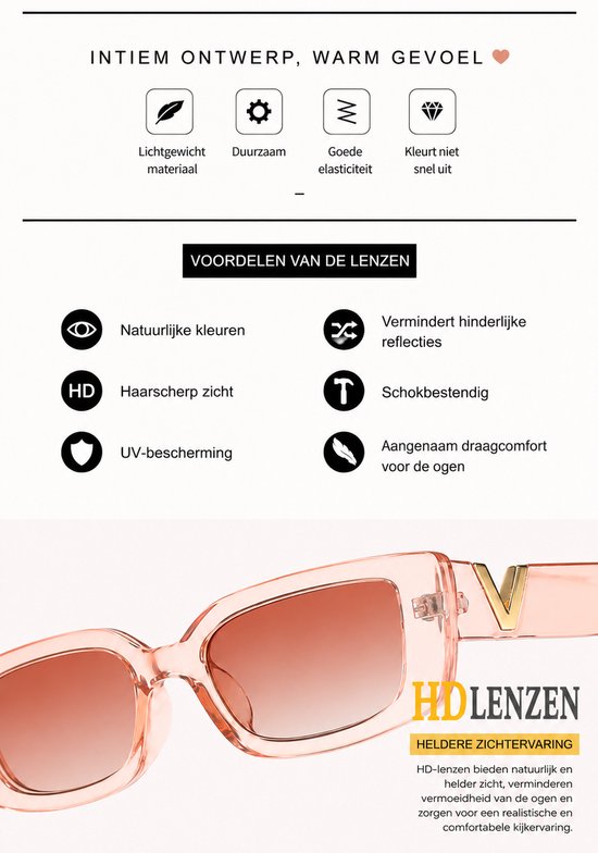 Dames Zonnebril | Trendy Dames Eyewear |Dames bril | bril | brillen | zonnebril | zomer bril |Zonnebril - Rechthoekig Model - Roze Montuur - Lichte Glazen - Bril - Met V - Goud | Sunglasses | Festival Bril | Rave Bril | Champagne Roze Zonnebril — afbeelding 4