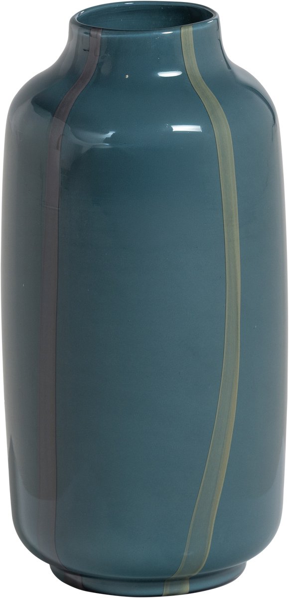WOOOD Selena Vaas - Glas - Petrolblauw Met Streep Grijs - 35x18x18