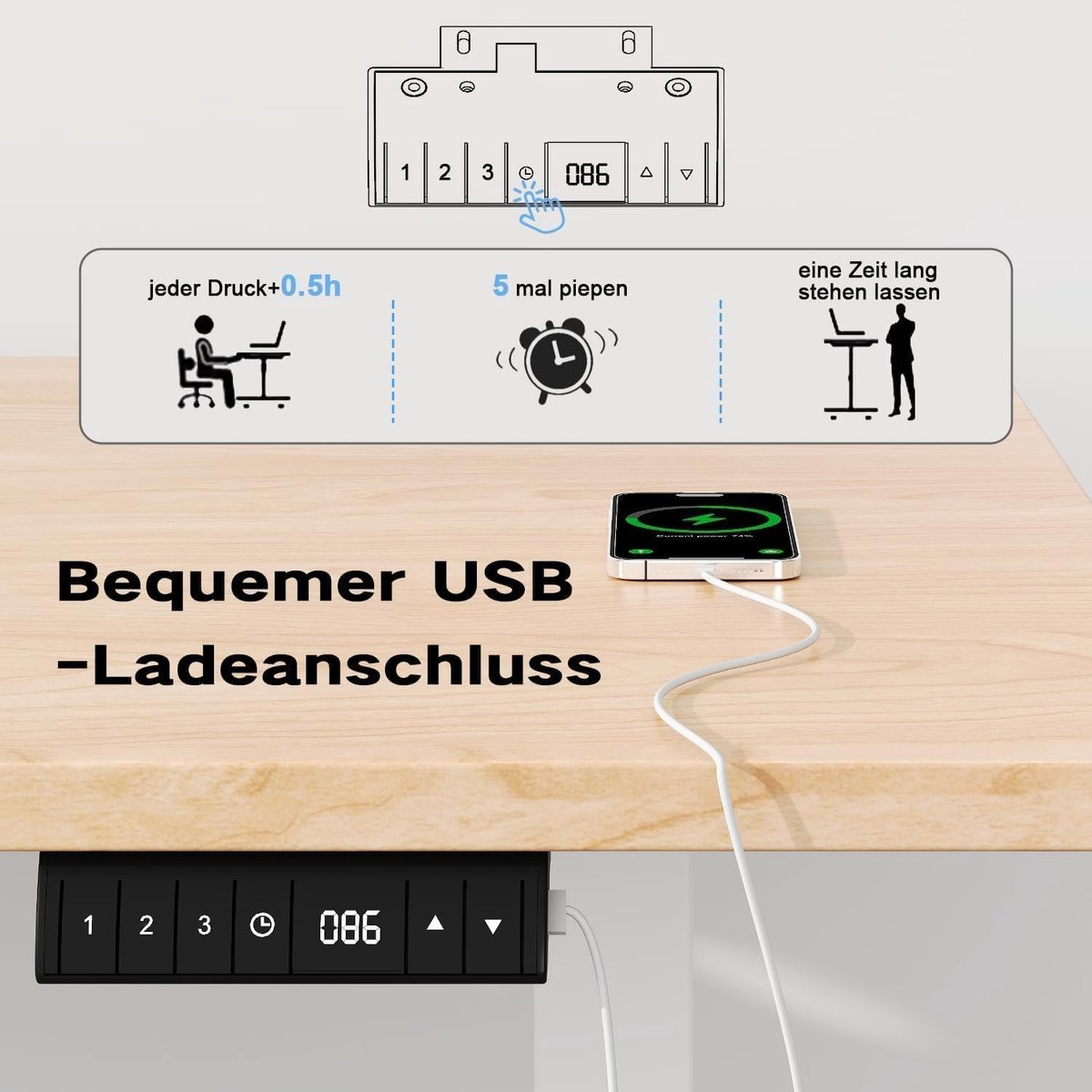 ErgoComfort Pro Elektrisch Zit-Sta Bureau 140 x 70 cm met Geheugenfunctie, USB-Aansluiting, Anti-Collision Systeem en 4-delig Werkblad Beige/Zwart