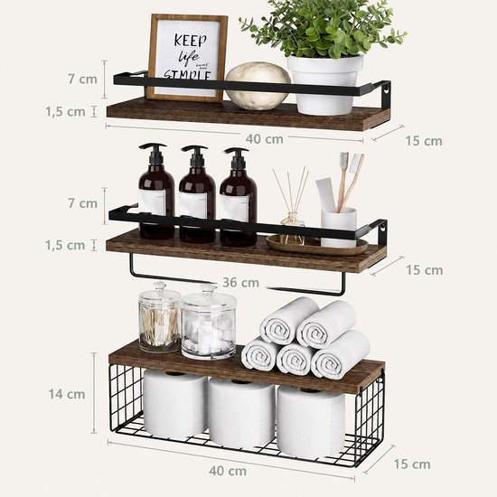 Afmetingen van drie houten wandplanken met zwarte randen, ingericht als badkamer.