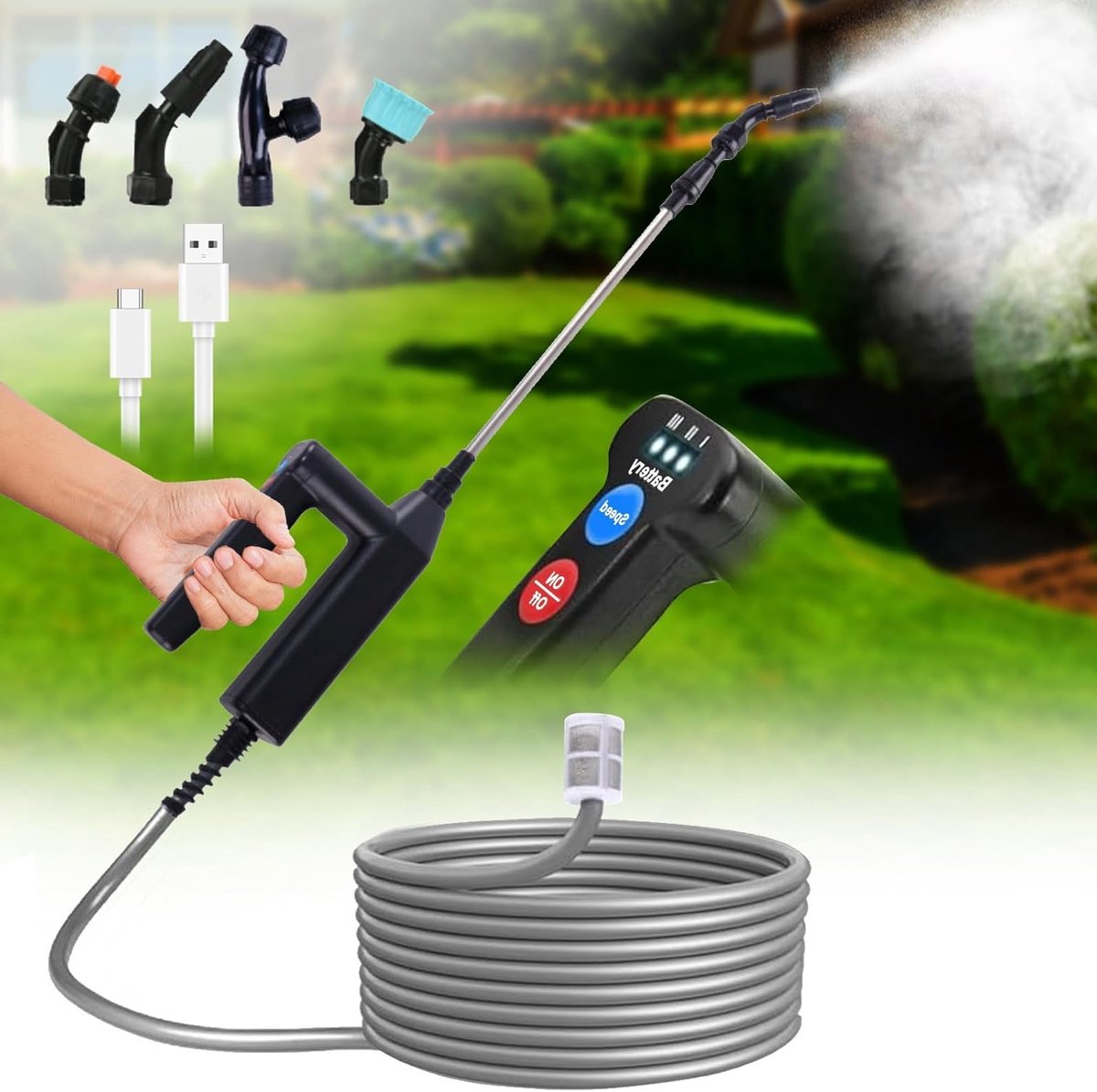 Draadloze elektrische plantenspuit met 5 m slang, 4 spuitmonden en telescopische steel voor tuin en gazon