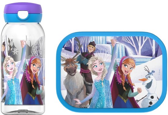 Bouteille d'eau transparente avec motif Frozen et bouchon violet, à côté d'une boîte à lunch bleue avec motif Frozen.