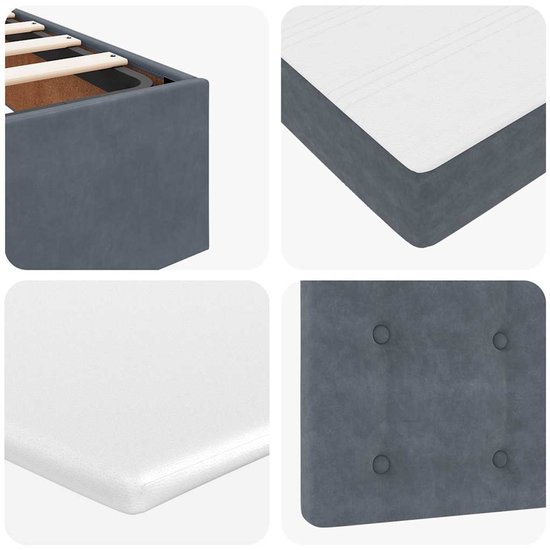 Details van een grijs fluwelen bed: frame, matras, en knopen.
