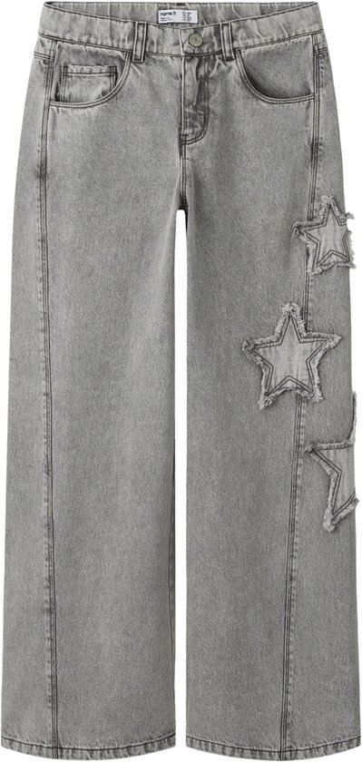 Grijze wijde jeans met sterapplicaties op de zijkant en zichtbare naden.