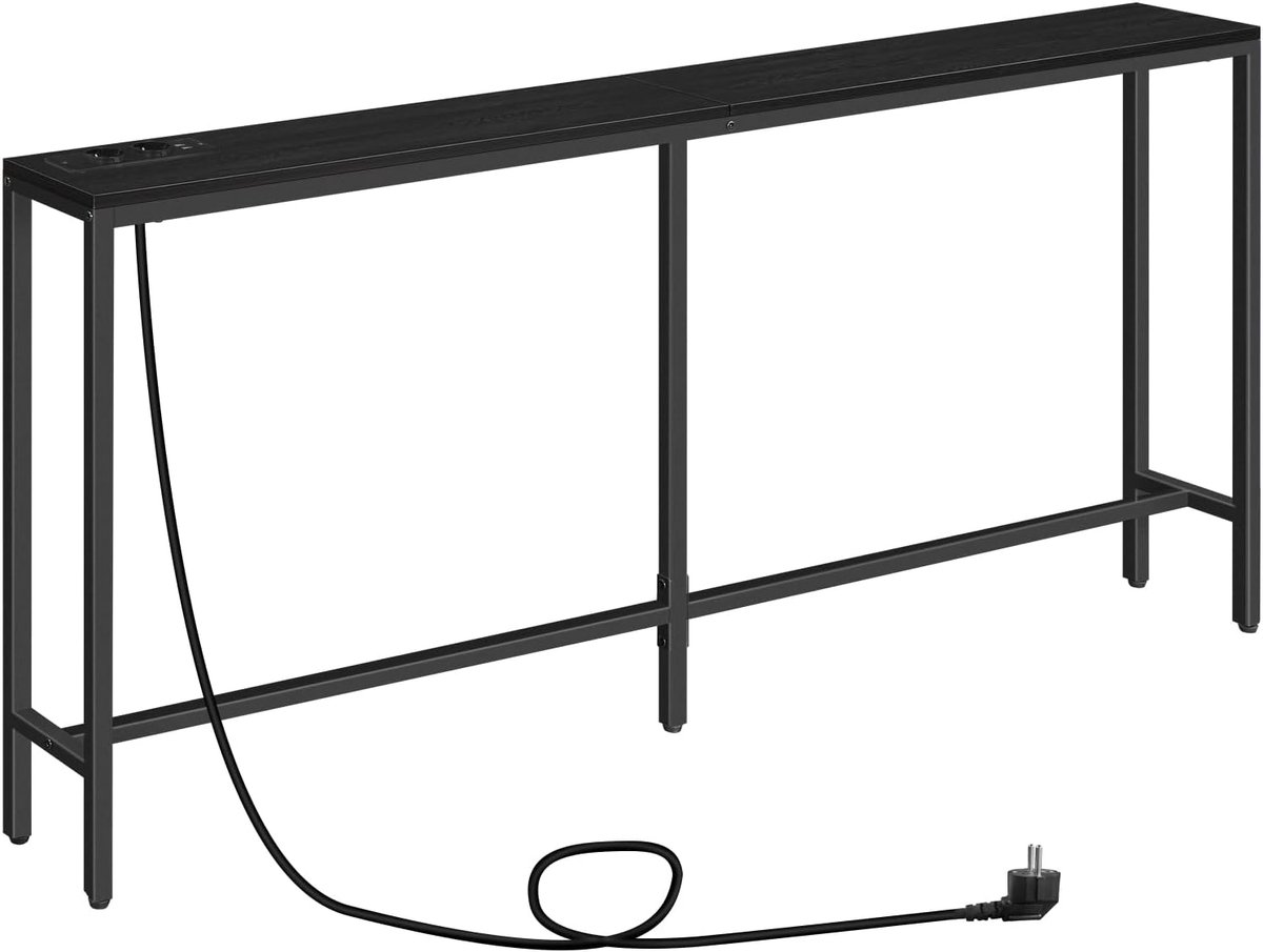HOMESY Consoletafel met Laadstation, 160 cm Slanke Banktafel, Industriële Inkomtafel met USB-Poorten, Bankbijzettafel voor Entree, Hal, Foyer, Woonkamer, Zwart