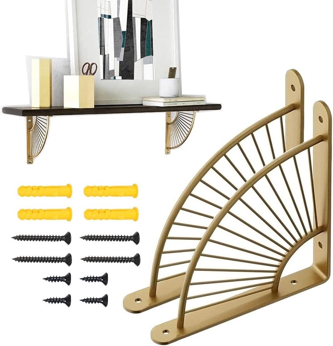 Set van 2 Metalen Wandplanken in Goud/Zwart - Decoratieve Plankhouders in Fanfvorm voor Woonkamer en Restaurant Decoratie