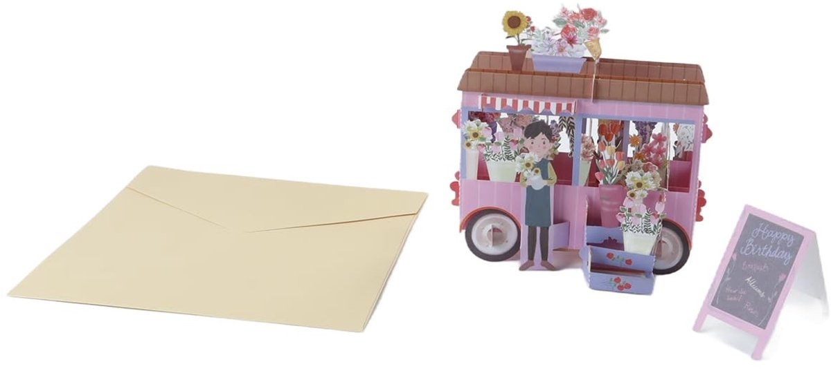 Dailygoods- Verjaardagskaart 3D Pop-Up - Handgemaakte Bloemenwagen - Wenskaart met Envelop - Set met Notitiekaartje - Geschikt voor Jubilea en Valentijnsdag