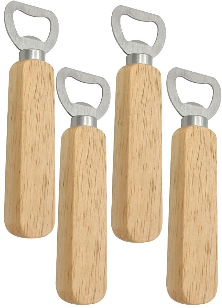 Dailygoods- Flessenopener 4-delig - Houten/Bieropener - Roestvrij staal - Duurzaam - Eiken handvat - 139 x 28 x 19 mm