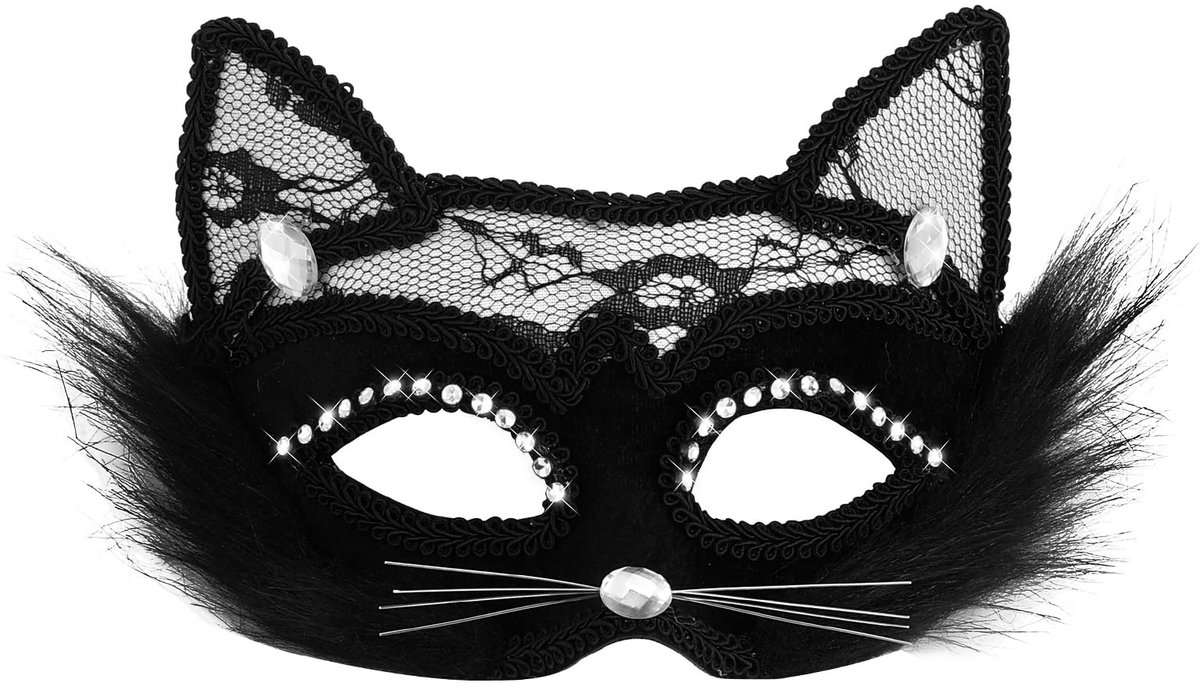 Dailygoods- Maskerade Masker Zwart Kat - Venetiaans Masker - Feest Masker - Imitatie Vossenbont - Kanten Design - Stijlvol en Comfortabel - Feestmasker