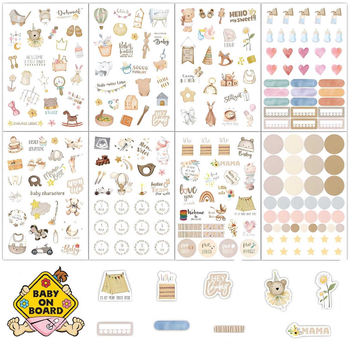 Dailygoods- Babystickerset 8 stuks - Scrapbook Stickers - Fotoalbum Stickers - Doe-het-zelf Stickers - Mijlpaal Stickers - 218 Motieven - Scrapbookstickers