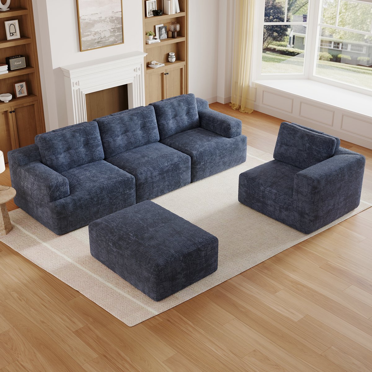FloraGrace U-Bank – 5-Zits Modulaire Bank 252 x 180 x 82 cm – Flexibel Als Hoekbank Met Hocker – Chenille – Blauw