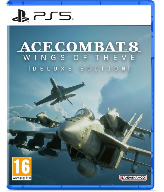 PlayStation 5 hoes van Ace Combat 8: Wings of Theve - Deluxe Edition, met vier gevechtsvliegtuigen.