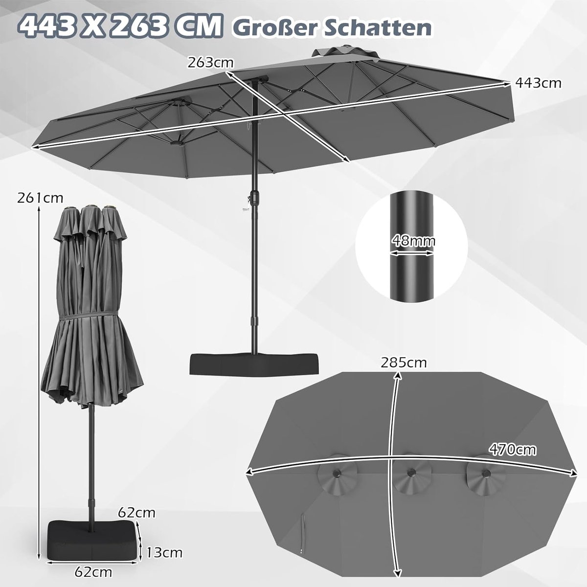 Luxe XXL Dubbele Zweefparasol 443x263 cm – UPF50+ Tuinparasol met Standaard, 12 Ribben, Zwengel & Windbestendig Design – Antraciet