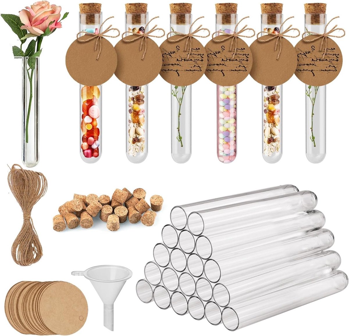 Transparante Proefbuisjes met Kurken Sluiting, 16 x 100 mm, Plastic Testbuizen met Hanger en Touw voor Laboratorium, Gastcadeaus, Snoep en Specerijen