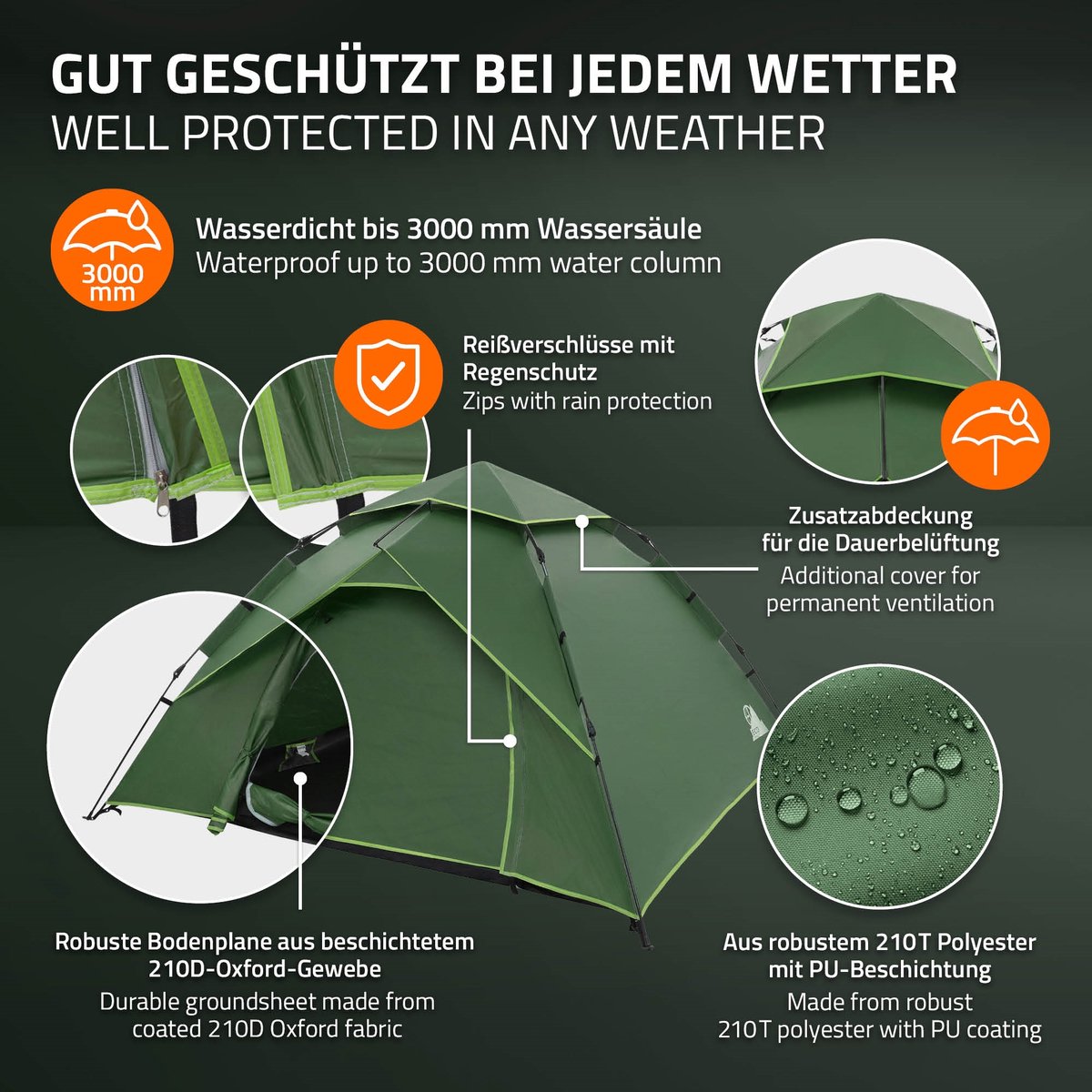 Pop-up tent voor 4 personen, kampeertent outdoor groen, dubbelwandige koepeltent met 2 deuren, waterdicht & winddicht met draagtas – foto 2