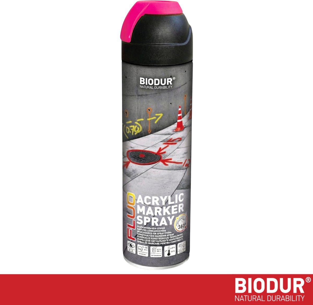 BIODUR Acryl Markeerspray - Roze - 500 ML - Fluorescerend - 360 graden Ventiel - Weer/UV-bestendig - Sneldrogend - Hoge zichtbaarheid