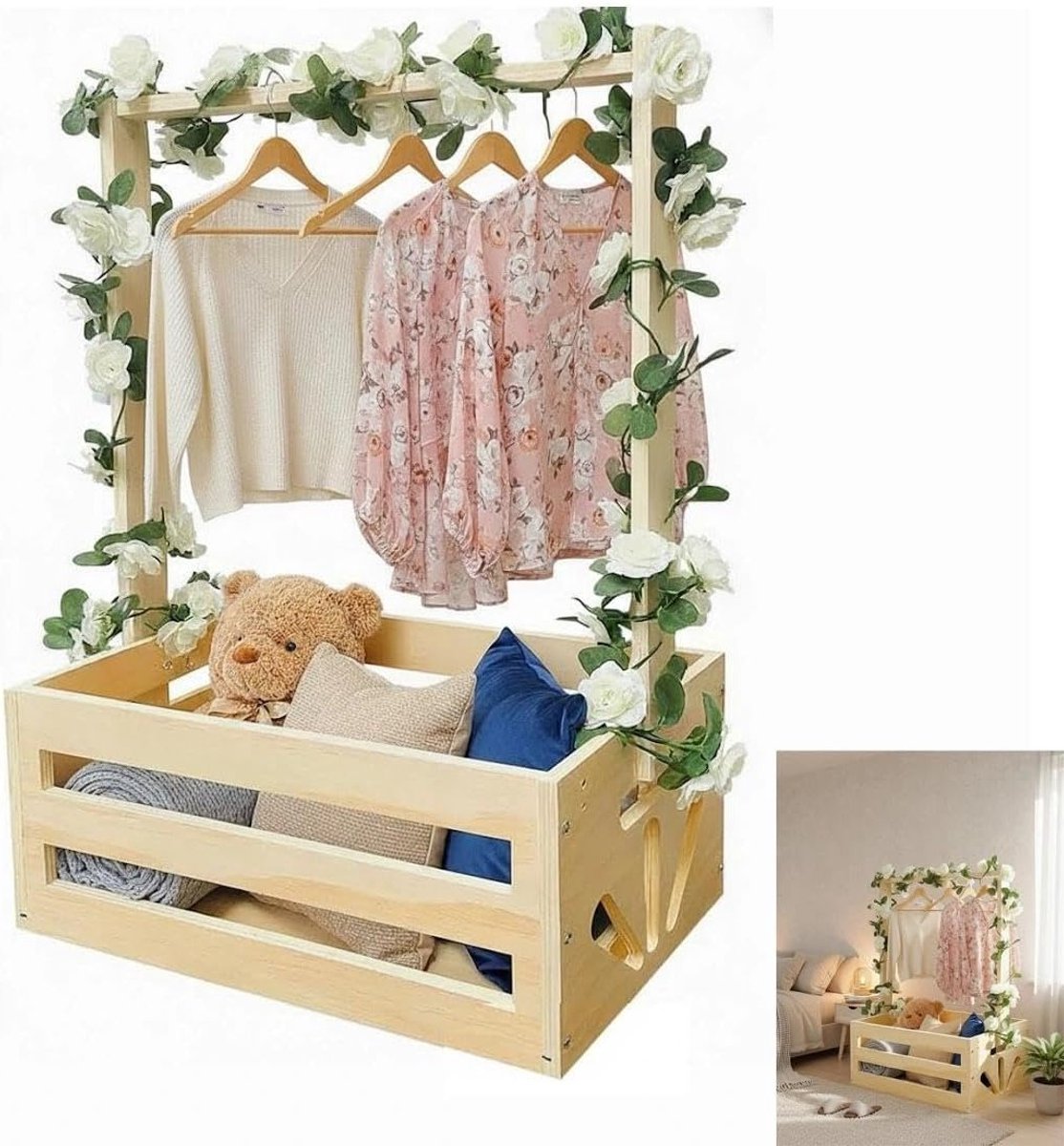 Cadeaumand van hout voor opberging, kledingkast en slaapkamer, multifunctionele opbergkist met kledingstang