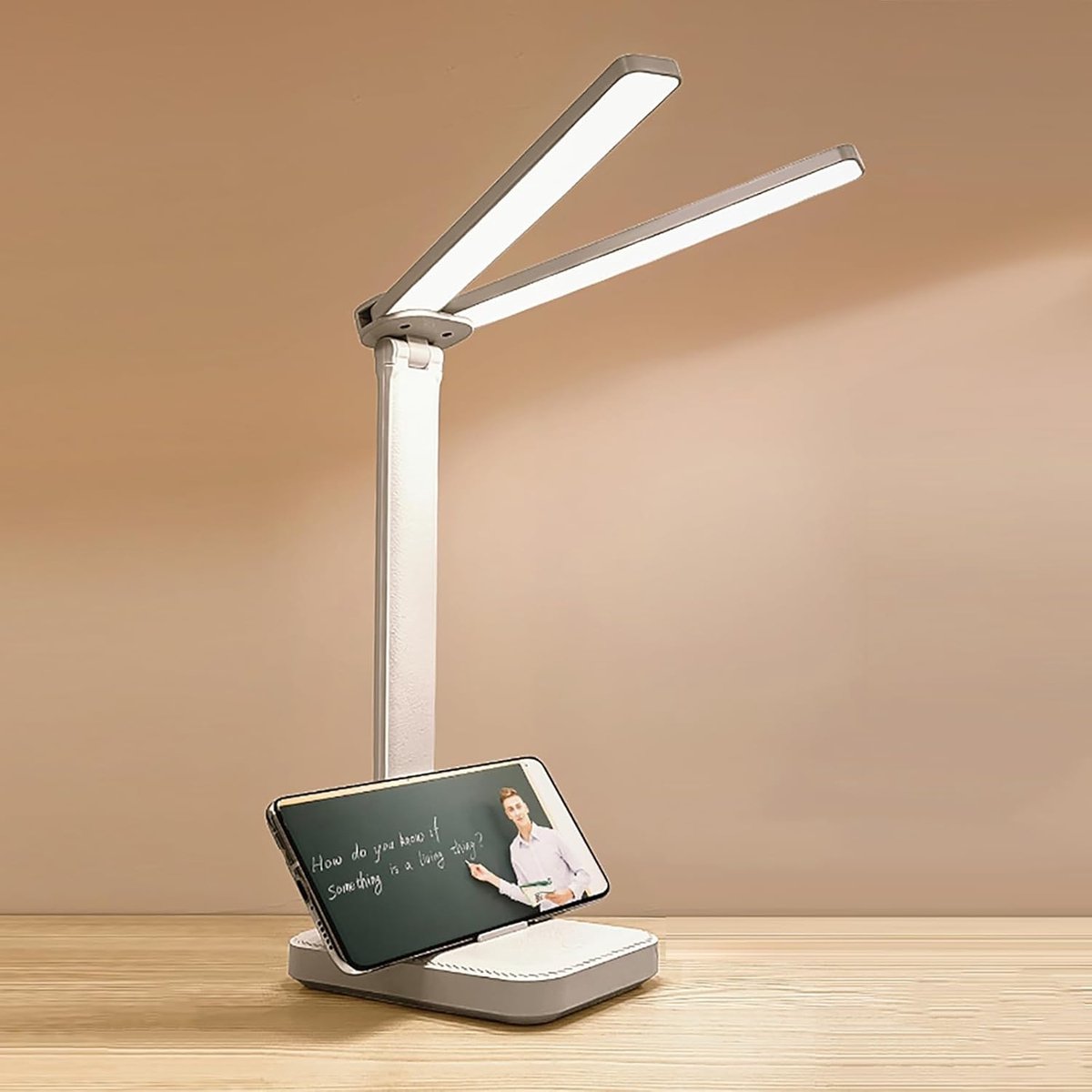 ZVD Led-bureau-lamp met dubbele kop – Oplaadbaar en draagbaar – Instelbare lichtkleur en helderheid – Werkt op USB – Geschikt voor werk, lezen en noodverlichting – Wit