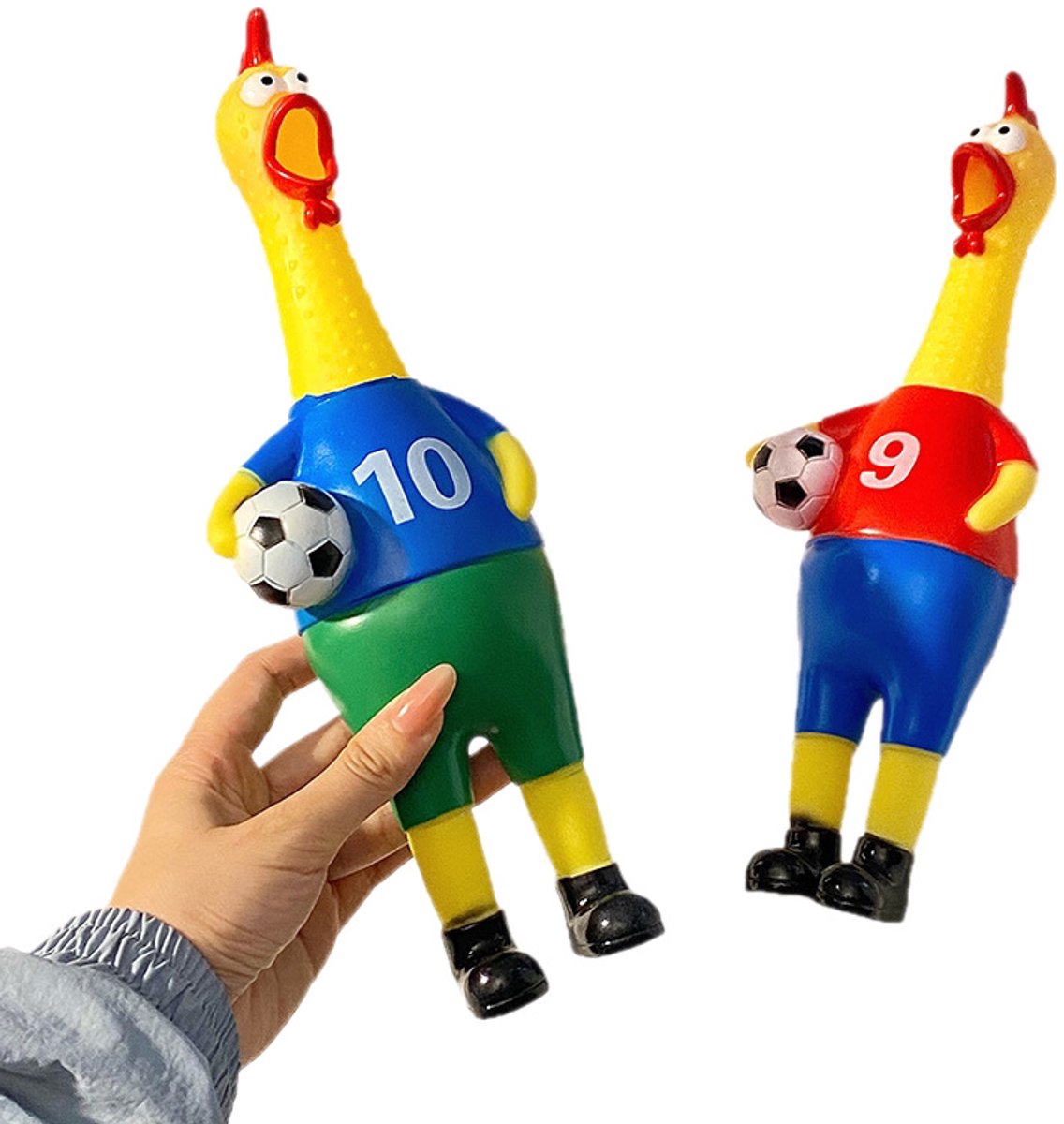 Oneay 2 stuks Gillende Voetbal Kip 32 cm – Piepende Rubberen Kip met Voetbal, Grappig Speelgoed, Stressspeeltje en Cadeau voor Voetbalfans, Kinderen en Volwassenen