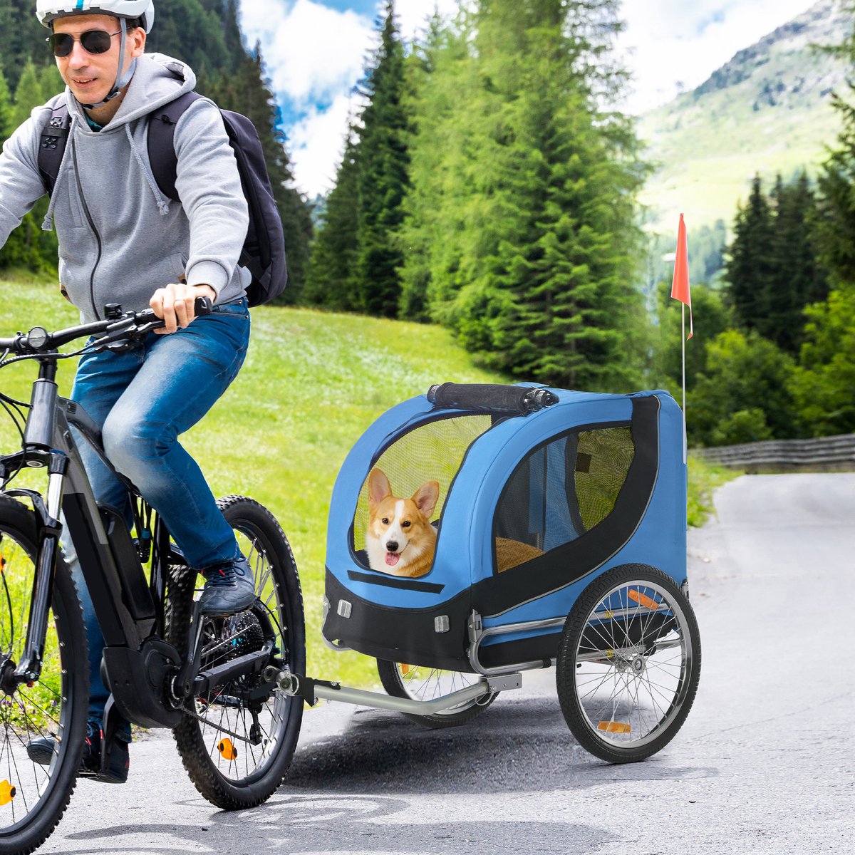 REDOM Hondenfietskar - Dubbele Instap en Reflectoren - Praktisch - Voor Fietstochten - Oxford Stof - Blauw/Zwart - 130 × 73 × 90 cm