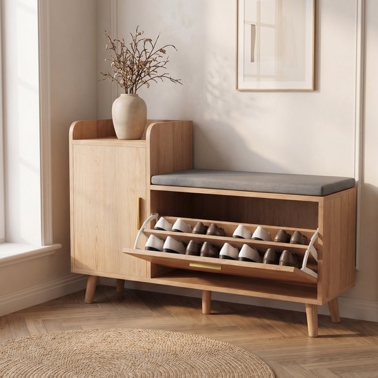 Banc à chaussures avec coussin d'assise - 100x35x69.5cm - Meuble à chaussures avec abattant et compartiment de rangement - Bois et métal - Moderne - Bois naturel