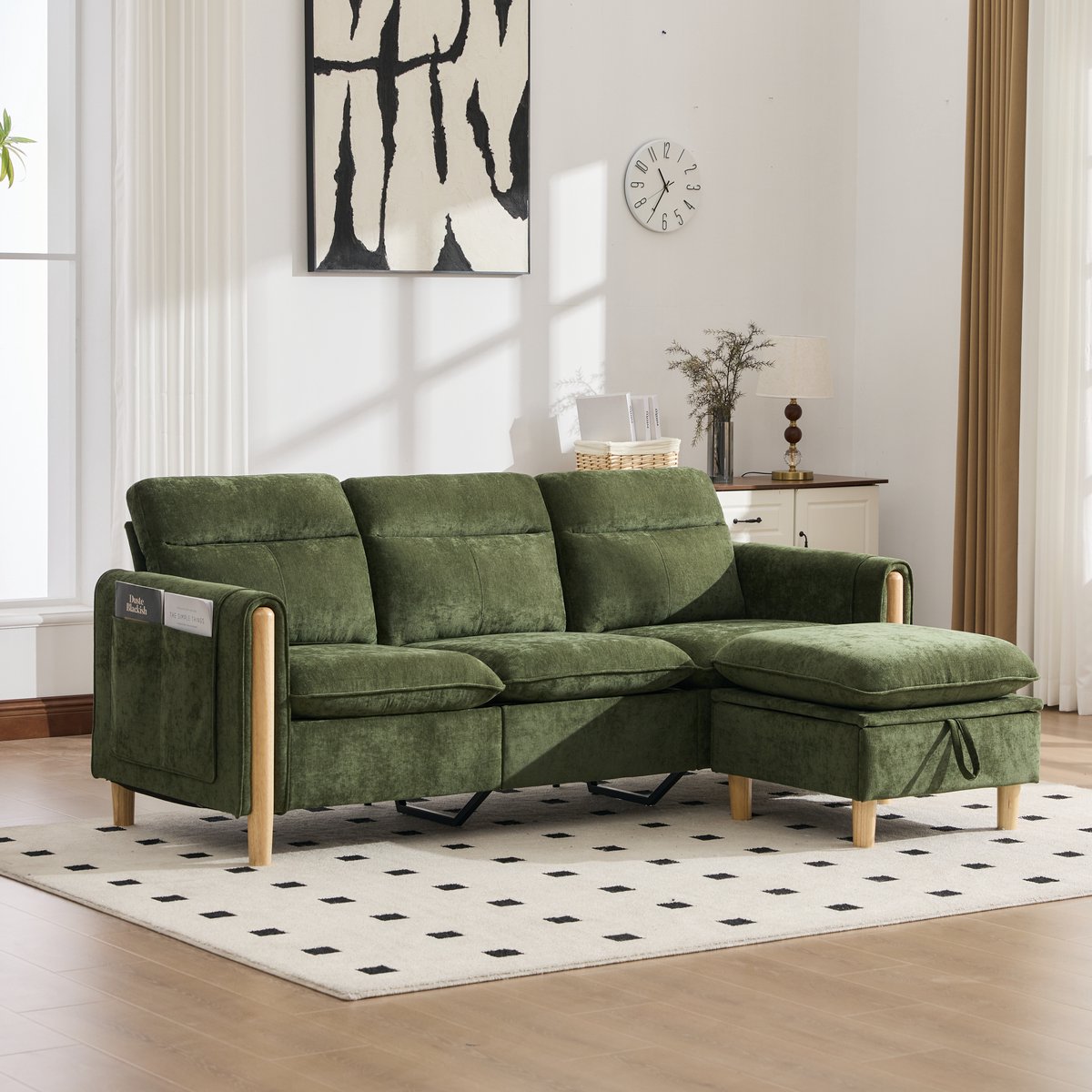 MIVRAY Hoekbank 201 Cm - Met Opberghocker En Zijvakken - Voor Woonkamer En Kleine Ruimtes - Chenille Groen