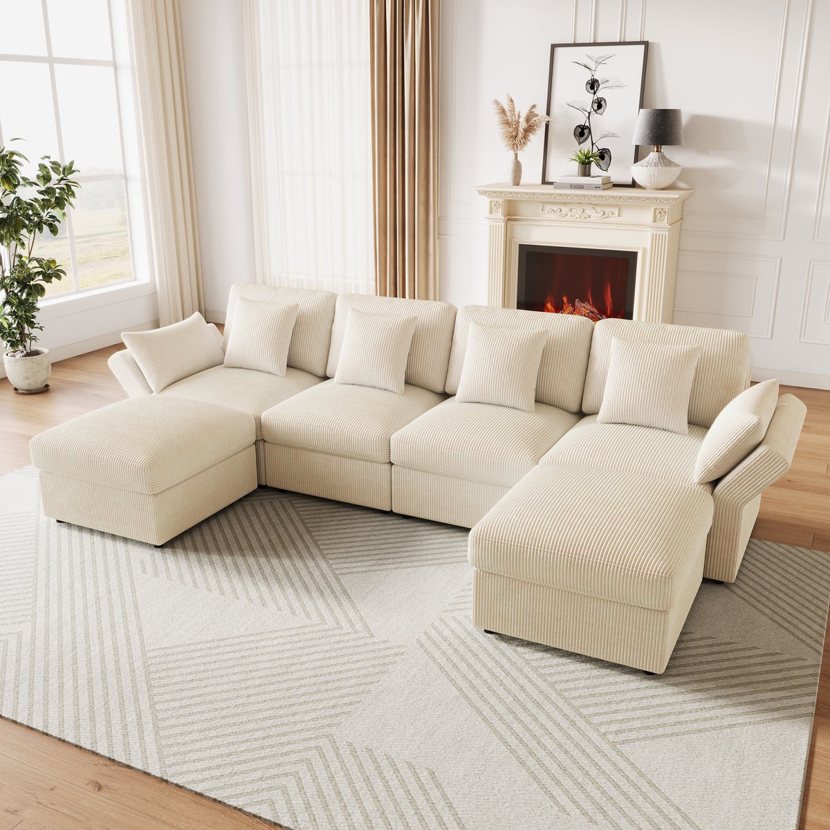 OKWISH U-Bank 290 x 159,5 x 89 cm - Verstelbare Armleuningen En Modulaire Hockers - Voor Woonkamer Of Slaapkamer - Cord - Beige