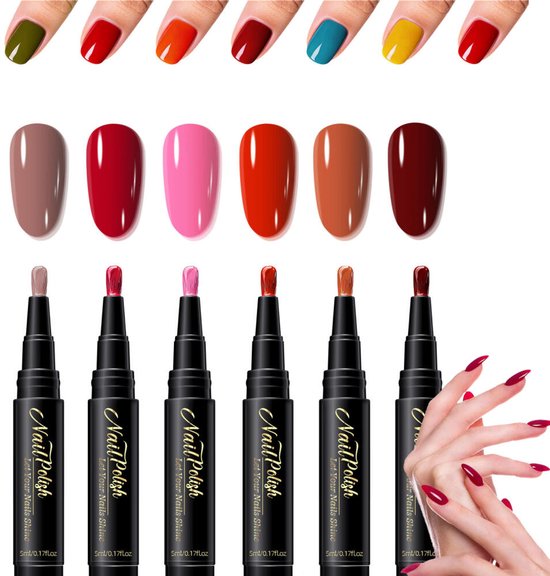 Nagellakpen - 6 stuks - Nagel Art Pennen - 5ml - Nail Art penselen - DIY nagelkunst - Nagel Decoratie - Chique nagels - Nagelartikelen - nagel spullen - Nail Brush - Geen UV-lamp nodig