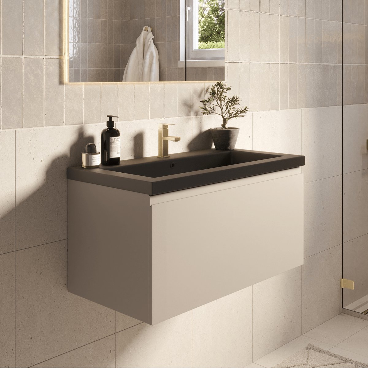 LOMAZOO Badkamermeubel Greige 80cm - Wastafel Zwart - Wastafelmeubel Beige Grijs - Wastafelkast Zwevend [MODENA]