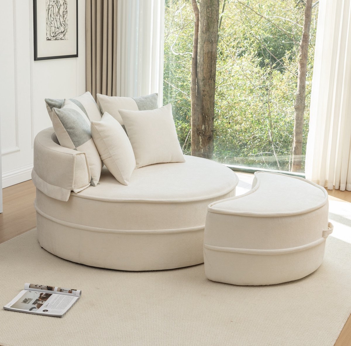 HAUSS SPOLE Chaise Longue - Ronde Loungestoel Met Hocker - Zachte Zitcomfort Met 5 Kussens