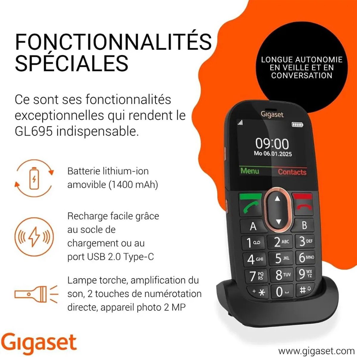 German mobile phone - emergency button - big screen - charger - for german market -