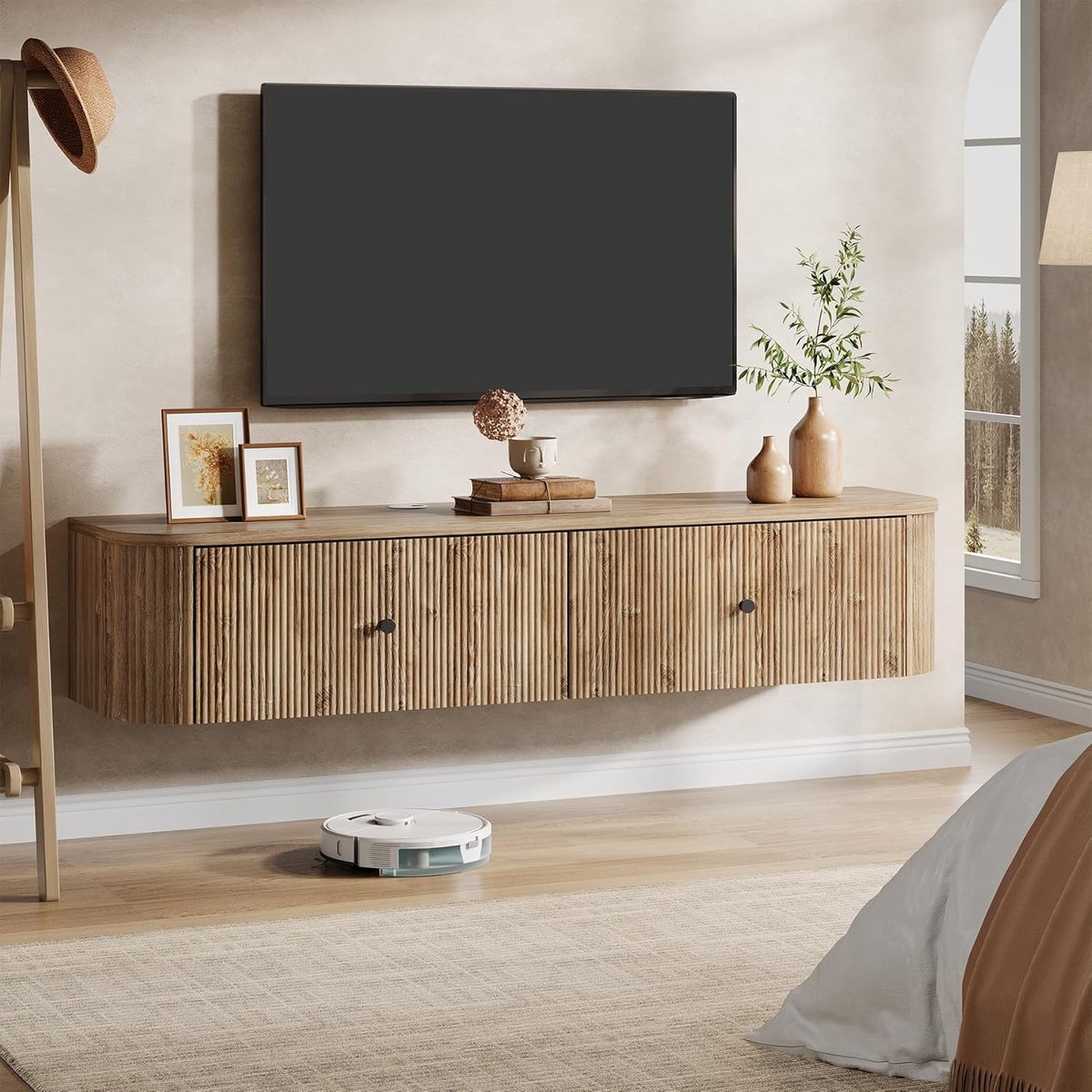 Tribesigns TV Meubel - Zwevende TV-Standaard voor Wandmontage - 140 x 30 x 30 cm - met 2 Gegroefde Laden - Eik