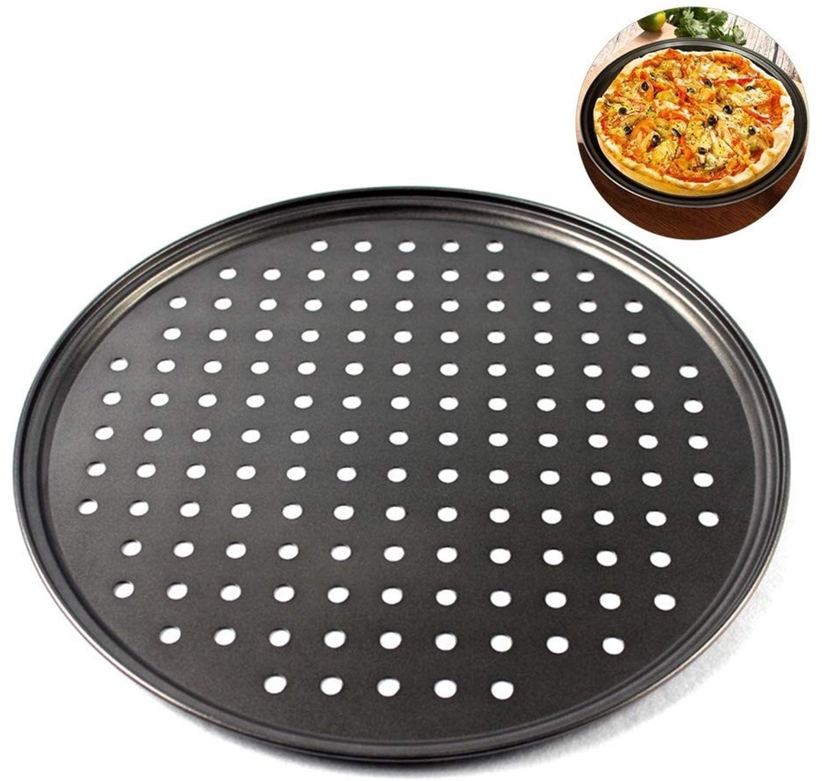 Dailygoods- Pizzaplaat Ronde Antiaanbak - Geperforeerde Pizzaplaat - Bakvorm - Bakgereedschap - 32 cm - Koudgewalste Plaat - Pizza Bakvorm