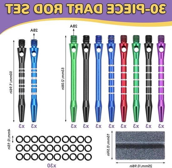 Dart Shafts 2BA Aluminium met Rubber Ring en Slijpsteen - 30 Stuks voor Precisie Darten en Verbeterde Grip van Dart — afbeelding 5