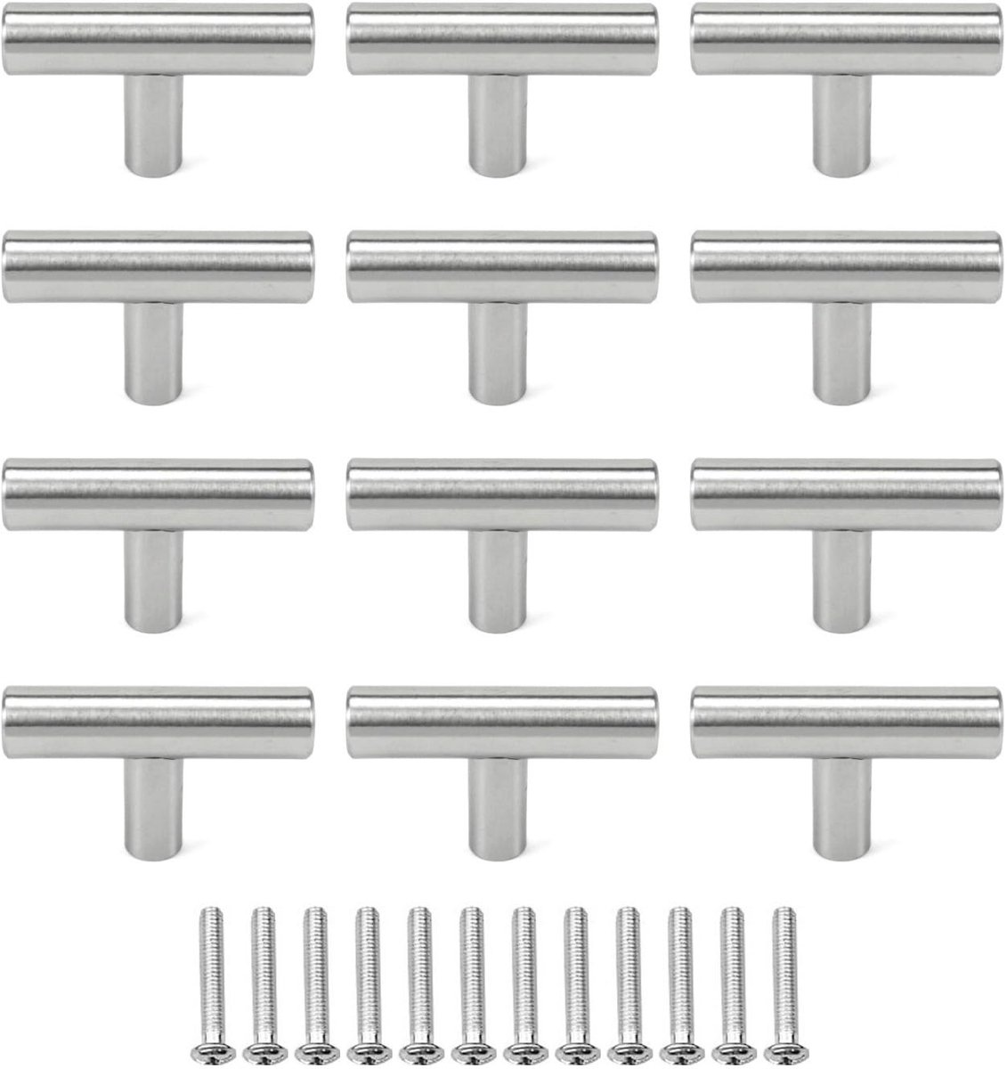 LIVIA HOME- Kastgrepen - 12 Stuks T-vormige Meubelgrepen - Geborsteld RVS - 50 mm Lengte - M4 Bevestigingsschroeven - Geschikt voor Kasten
