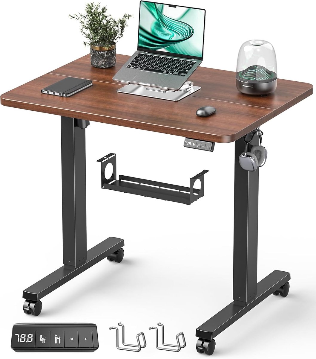Compact Elektrisch Zit-Sta Bureau 80 x 60 cm Hoogte Verstelbaar 72–118 cm Memory Functie Ergonomisch Mini Computer Bureau Staal Frame Walnoot/Zwart Modern Design