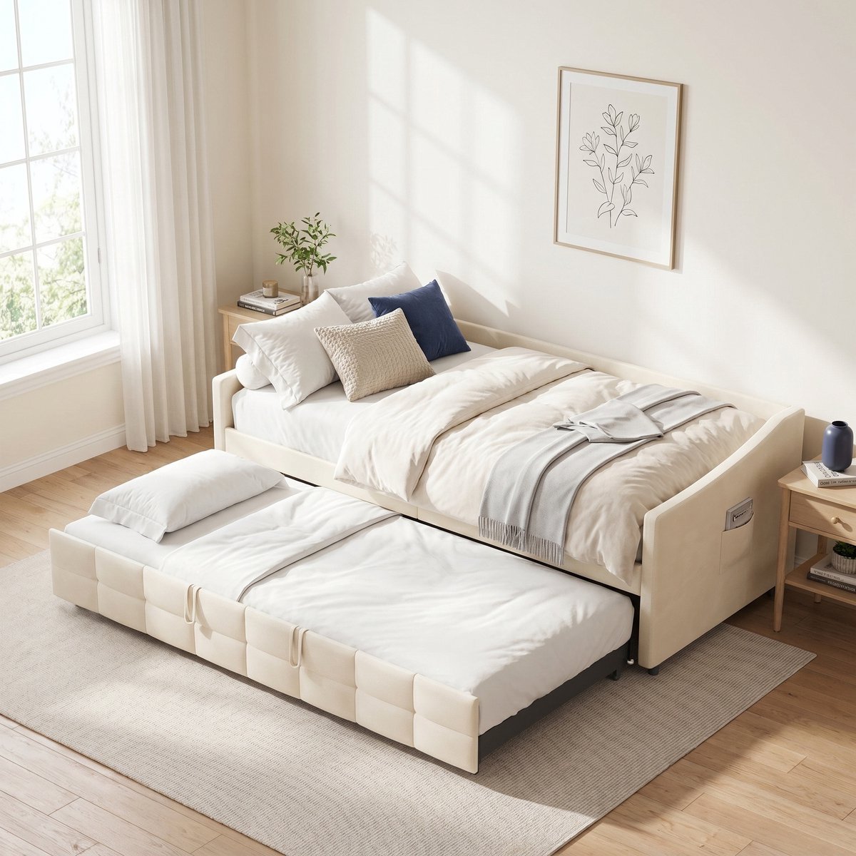 Bedbank - Uitschuifbed - Slaapbank - Daybed 90x200 cm - Fluwelen bed - met zijvakken - Beige