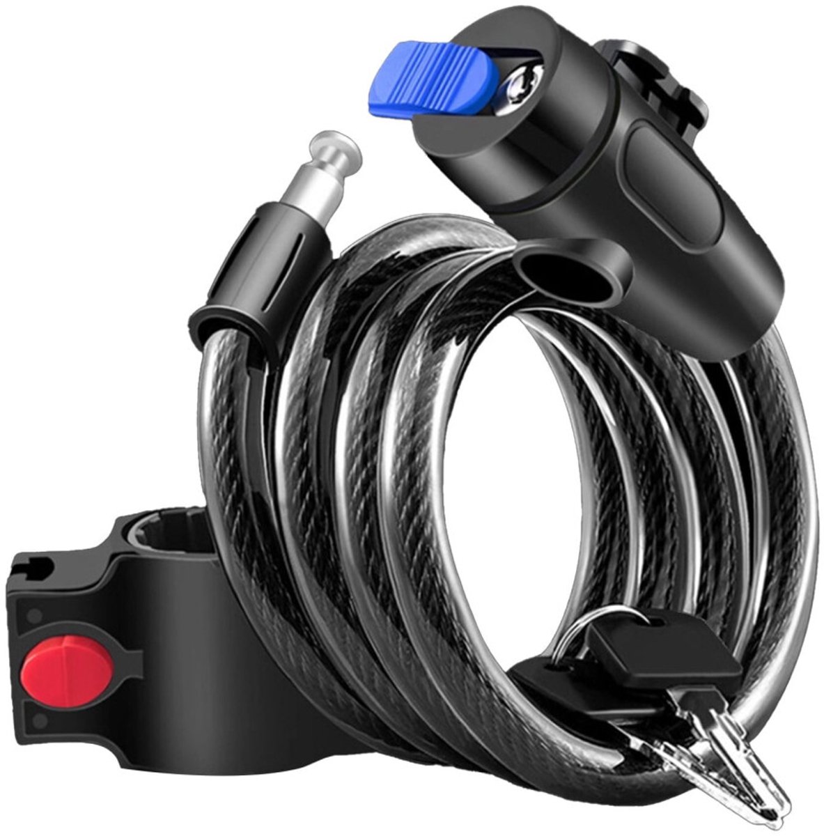 Stevig fietsenslot met stalen kabel en sleutel.