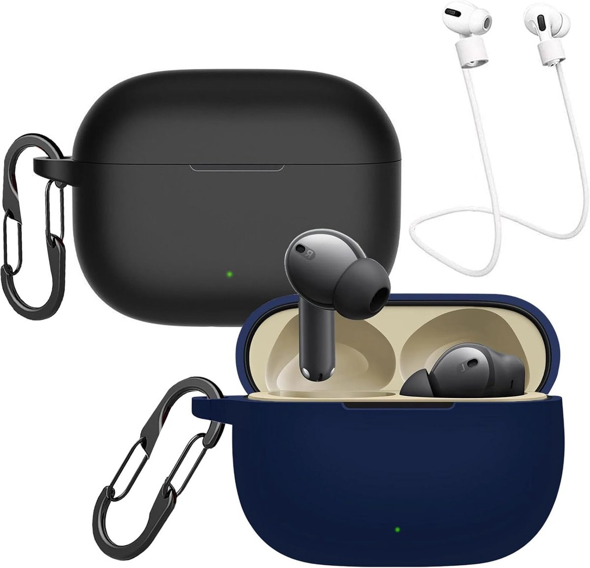 Beschermende Hoes voor Realme Buds T300 met 2 Carabiners en 2 Anti-Verlies Lijnen, Ultra Dun en Schokbestendig, Zwarte en Blauwe Oplossing voor Hoofdtelefoon