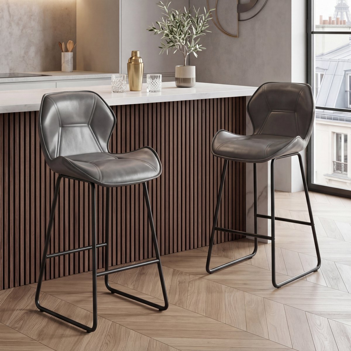 REDOM Barkrukken Set Van 2 - Met Rugleuning En Voetsteun - Modern - Keuken En Bar - Metaal En Imitatieleer - Grijs