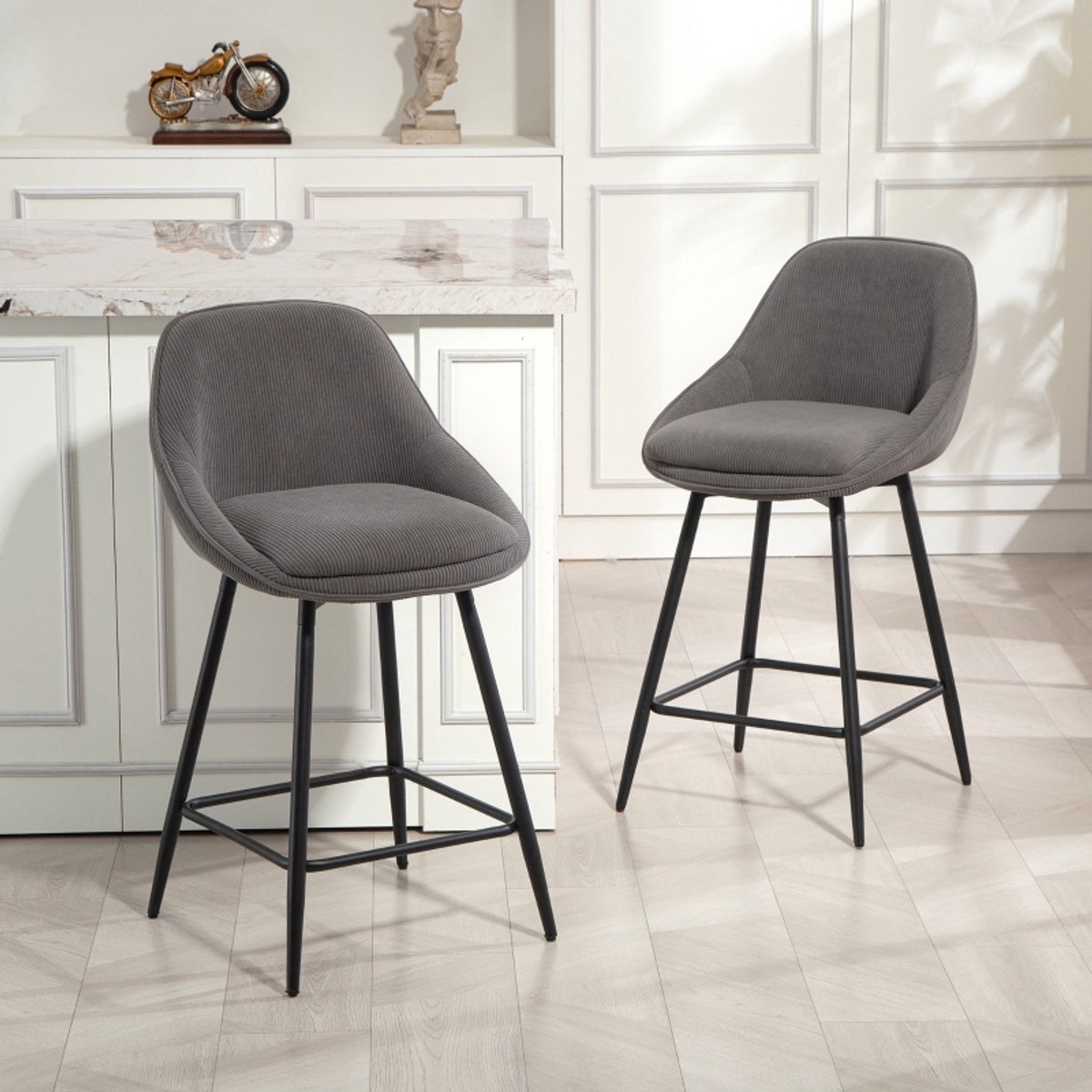 REDOM Barkrukken Set Van 2 - 360° Draaibare Zitting - Modern - Keukeneiland - Polyester En Staal - Grijs - Zithoogte 65 cm