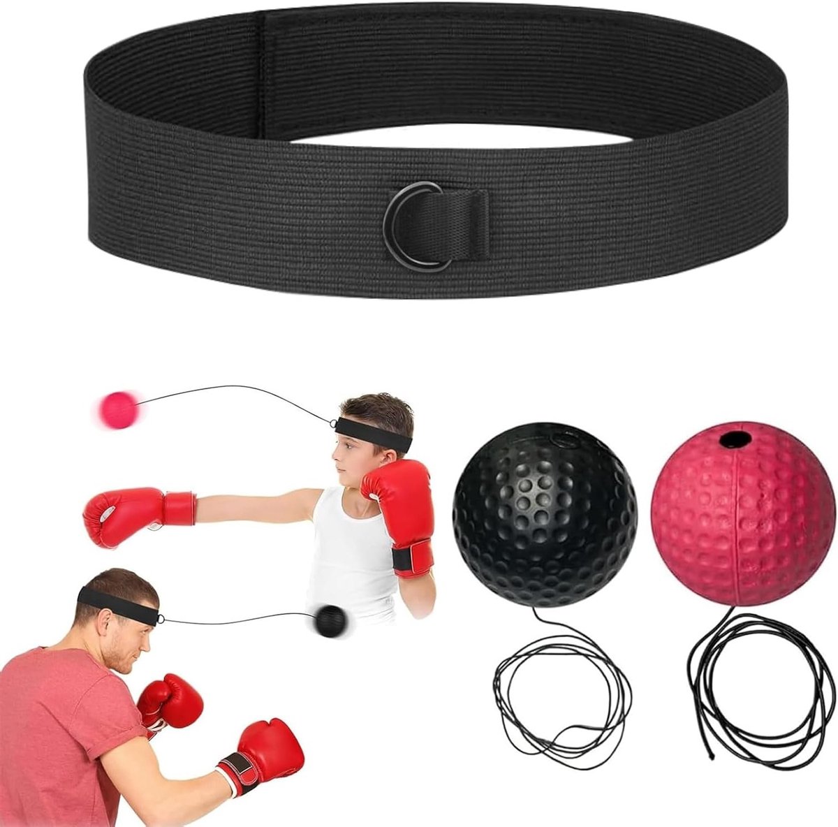 Boksbal aan Touw voor Training van Reflexen, Coördinatie en Mobiliteit - Inclusief Hoofdband en 2 Boksballen van PU en Rubber