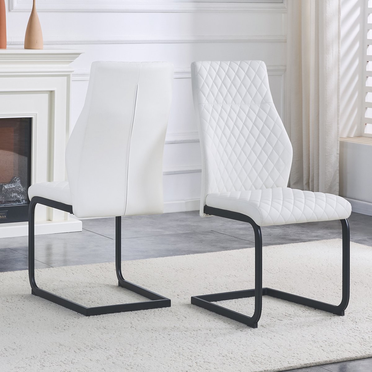 MODFU Eetkamerstoelen Set Van 2 - Ruitpatroon - Hoge Rugleuning - Modern - Metaal En Kunstleer - Wit En Zwart Wit+Zwart