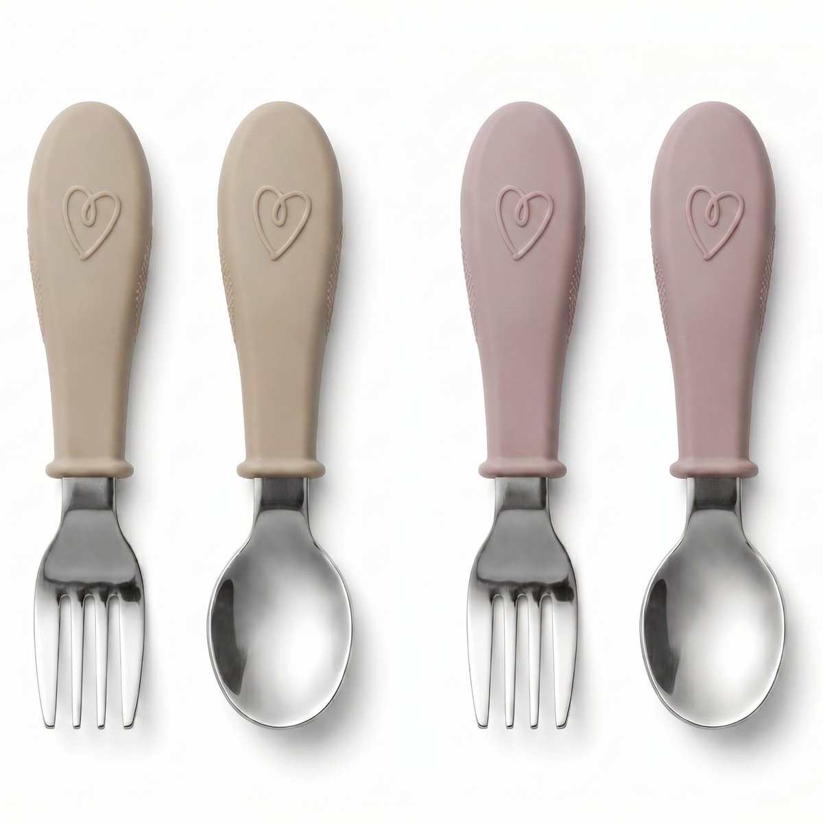 Broemba RVS Kinderbestek - Set van 4 stuks - 2x Baby Lepel & Baby Vork - 100% BPA-vrij Babybestek - Lepeltjes en Vorkjes - Beige / Roze Peuterbestek