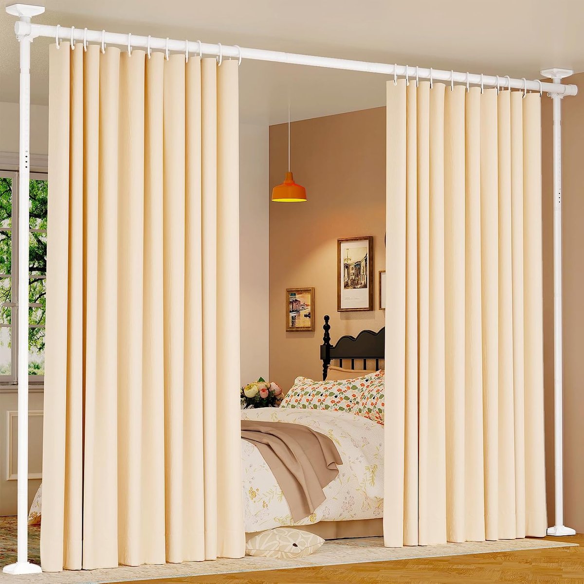 HOMESY Ruimteverdeler-stang, gordijnroede ruimtescheidingssysteem, zonder boren, 122-305 cm (H) × 70-177 cm (B), verstelbaar, robuuste vrijstaande scheidingswand voor ruimteverdeling, wit