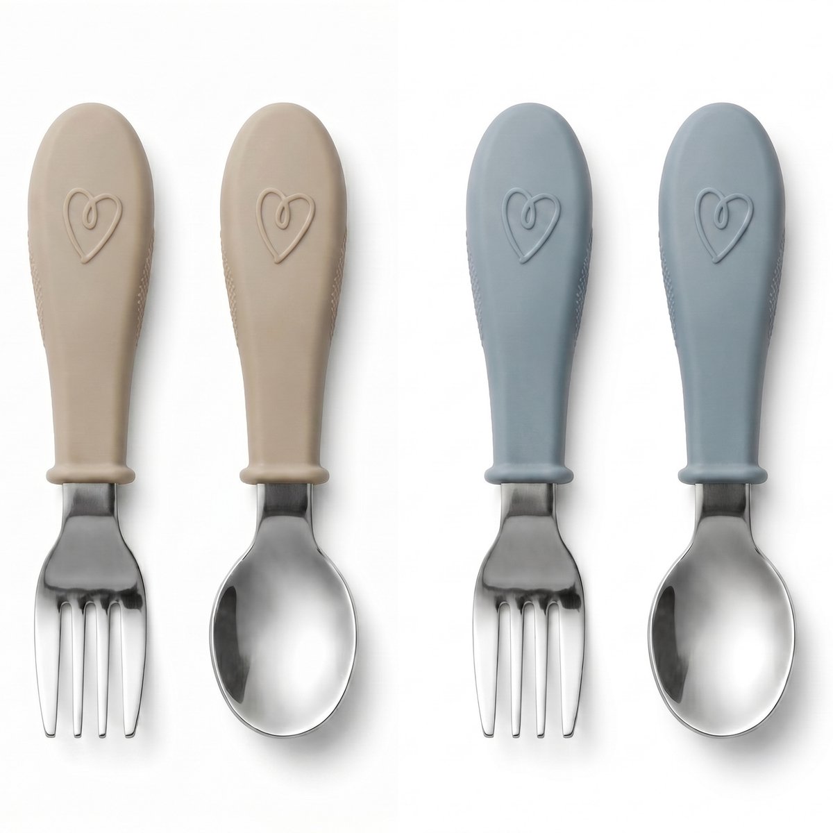 Broemba RVS Kinderbestek - Set van 4 stuks - 2x Baby Lepel & Baby Vork - 100% BPA-vrij Babybestek - Lepeltjes en Vorkjes - Beige / Blauw Peuterbestek