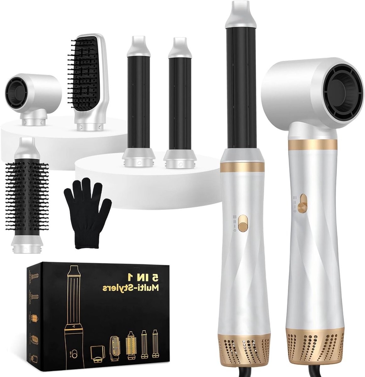 5-in-1 Haardroger Borstel Set met 1000 W, Ionen Technologie voor Droog, Steil en Krul Haar, 3 Temperatuur- en Snelheidsinstellingen
