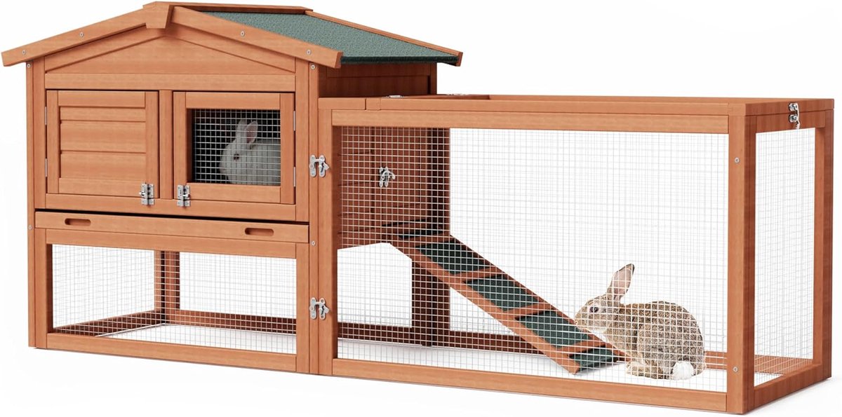 Konijnenhok Buiten - Huisdierenverblijf - Vrij Lopen - Verhoogde Shelter - 156 cm Lengte - Bruin