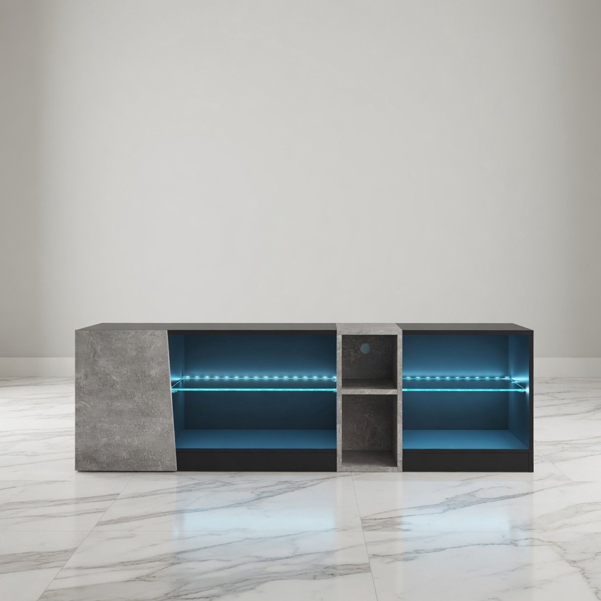 Moderne LED TV-Meubel 140 cm – Zwart/Grijs TV Kast met 5 Open Vakken & 1 Deur – Minimalistisch Design met RGB Verlichting & Gehard Glas voor Woonkamer & SlaapkamerMobili Bella